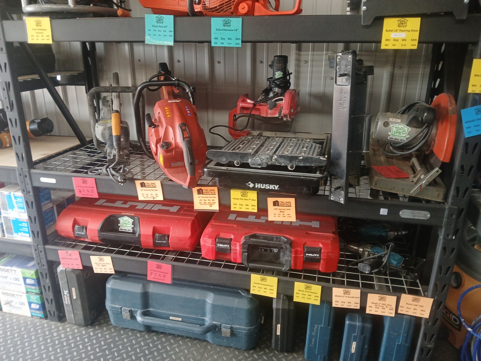 Shelves of concrete saws, tile saws and hammer drills